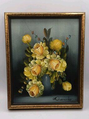 Vintage Oil Painting on Canvas Yellow Roses in Vase Framed Signed 9 x 11